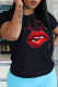 Black Fashion Casual Lips Printed Patchwork O Neck T-Shirts