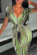 Green Sexy Print Patchwork V Neck One Step Skirt Dresses