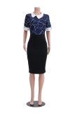 Black White Fashion Print Patchwork Turndown Collar Pencil Skirt Dresses