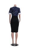 Black White Fashion Print Patchwork Turndown Collar Pencil Skirt Dresses
