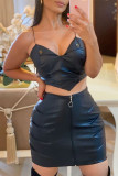 Black Fashion Sexy Solid Backless Spaghetti Strap Sleeveless Two Pieces