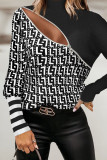 White Casual Print Patchwork Zipper Turtleneck Tops