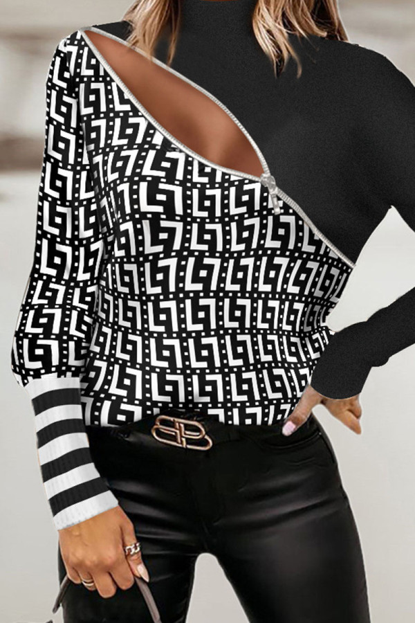 White Casual Print Patchwork Zipper Turtleneck Tops