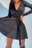 Black Fashion Solid Sequins V Neck Cake Skirt Dresses