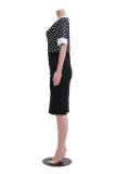 Black White Fashion Print Patchwork Turndown Collar Pencil Skirt Dresses
