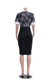 Black White Fashion Print Patchwork Turndown Collar Pencil Skirt Dresses