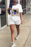 Blue Fashion Casual Print Basic O Neck Short Sleeve Two Pieces