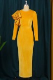Yellow Fashion Casual Solid Patchwork Slit O Neck Long Sleeve Dresses