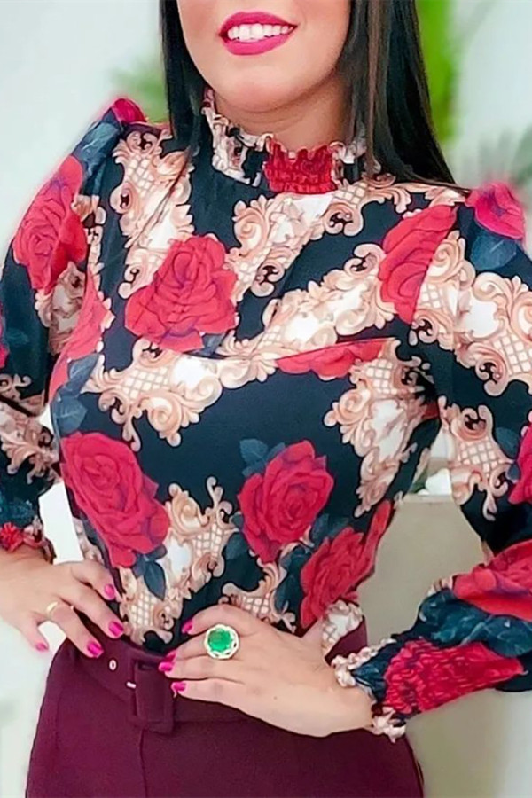 Red Fashion Casual Print Basic Turtleneck Tops