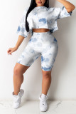 White Casual Print Patchwork O Neck Half Sleeve Two Pieces