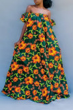 Ink Green Fashion Bohemian Vintage Vacation Floral Printing Off the Shoulder Maxi Dresses
