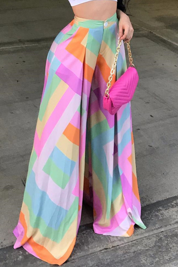 Colour Fashion Casual Print Basic Regular High Waist Wide Leg Full Trousers