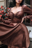 Brown Sexy Solid Patchwork Square Collar Cake Skirt Dresses