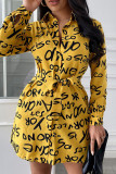 Yellow Casual Print Patchwork Buckle Turndown Collar Shirt Dress Dresses