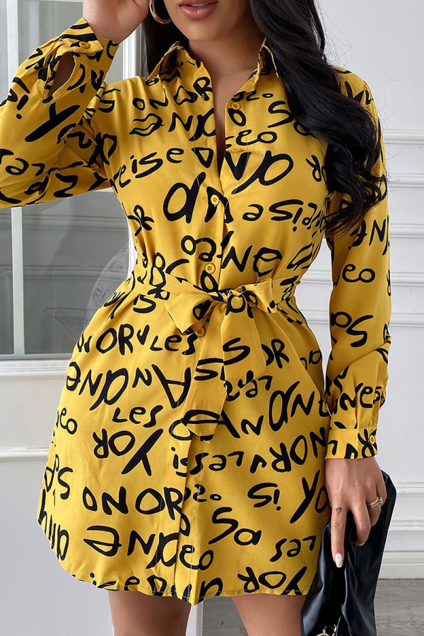Yellow Casual Print Patchwork Buckle Turndown Collar Shirt Dress Dresses