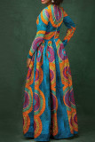 Blue College Print Patchwork O Neck A Line Dresses