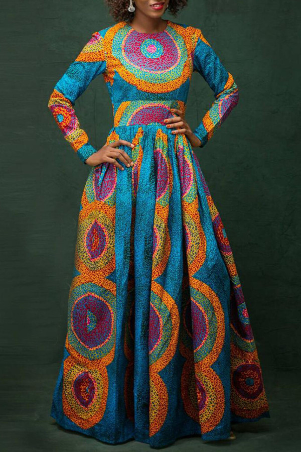 Blue College Print Patchwork O Neck A Line Dresses
