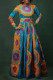 Blue College Print Patchwork O Neck A Line Dresses