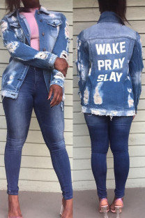Blue Turndown Collar Letter Hole washing The cowboy Others Long Sleeve Outerwear