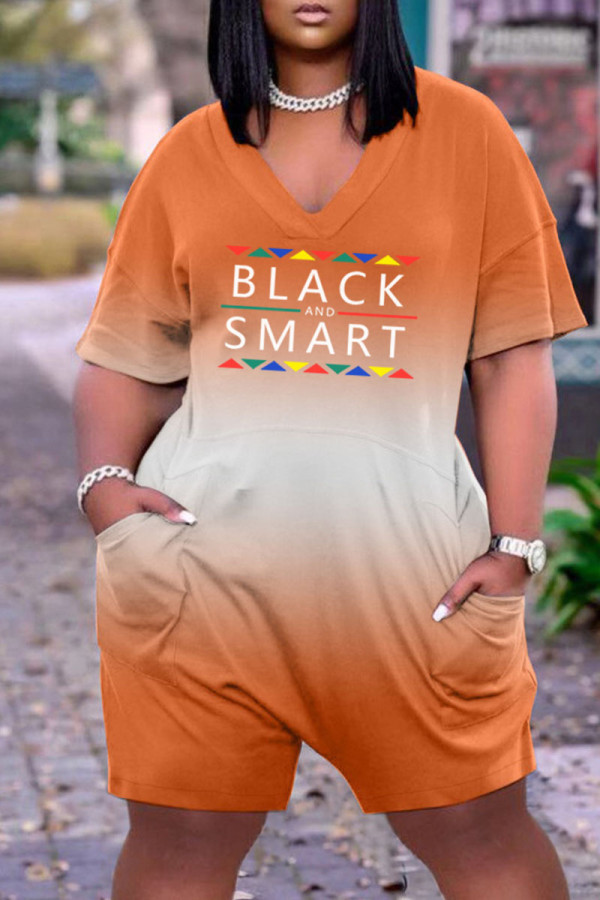 Orange Casual Print Patchwork V Neck Straight Jumpsuits
