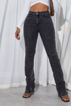 Black Gray Casual Solid Split Joint Slit High Waist Straight Denim Jeans