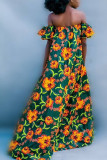 Ink Green Fashion Bohemian Vintage Vacation Floral Printing Off the Shoulder Maxi Dresses