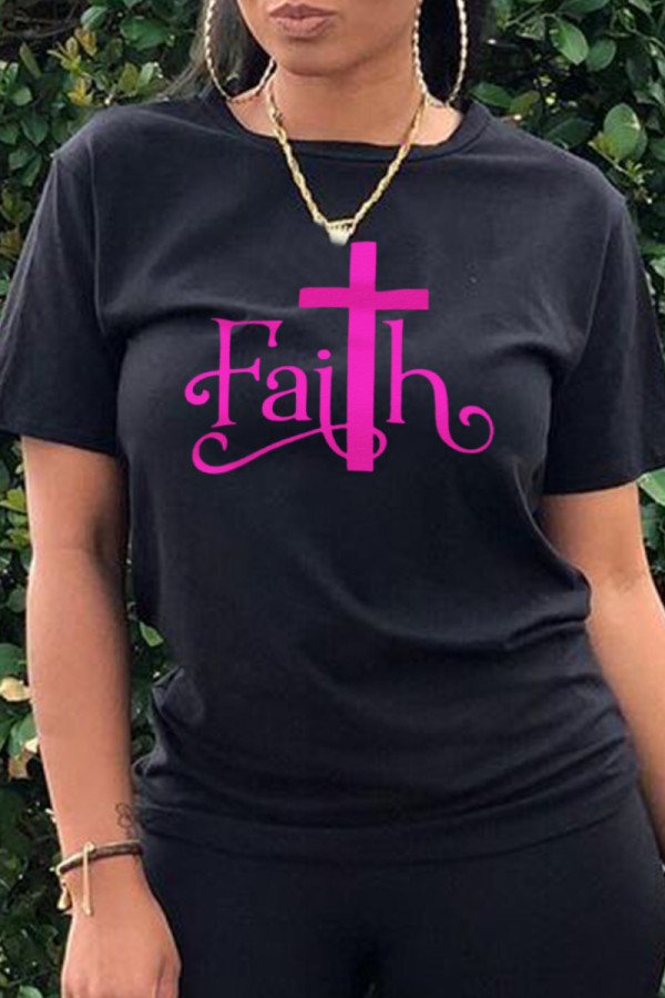Black Casual Street Print Patchwork Letter O Neck T-Shirts