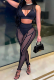Red Casual Solid Mesh Skinny High Waist Pencil Solid Color Bottoms