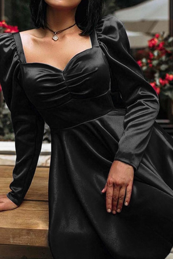 Black Sexy Solid Patchwork Square Collar Cake Skirt Dresses
