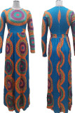 Blue College Print Patchwork O Neck A Line Dresses
