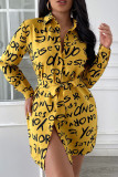 Yellow Casual Print Patchwork Buckle Turndown Collar Shirt Dress Dresses