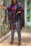 Purple Fashion Casual National Totem Print Tassel O Neck T-Shirts