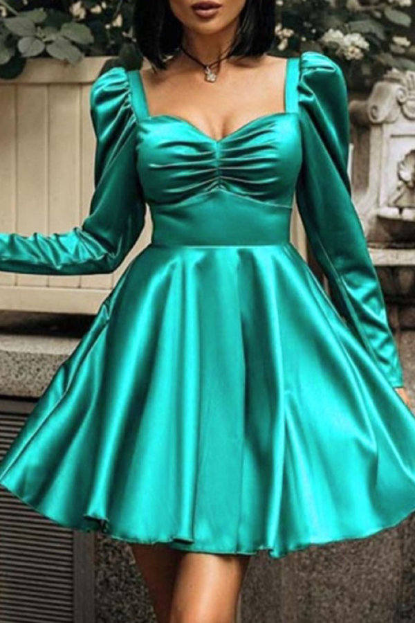 Green Sexy Solid Patchwork Square Collar Cake Skirt Dresses