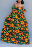 Ink Green Fashion Bohemian Vintage Vacation Floral Printing Off the Shoulder Maxi Dresses