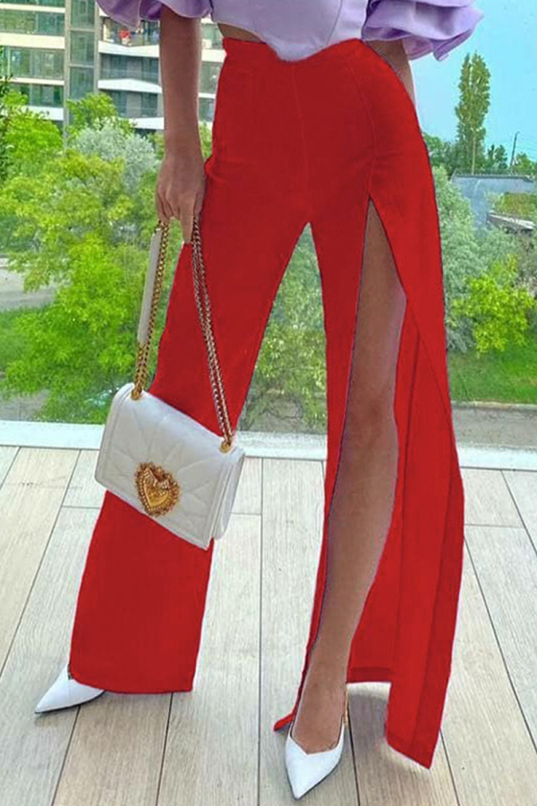Red Casual Solid Patchwork Boot Cut High Waist Speaker Solid Color Bottoms