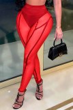 Red Casual Solid Mesh Skinny High Waist Pencil Solid Color Bottoms