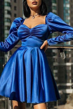 Blue Sexy Solid Patchwork Square Collar Cake Skirt Dresses