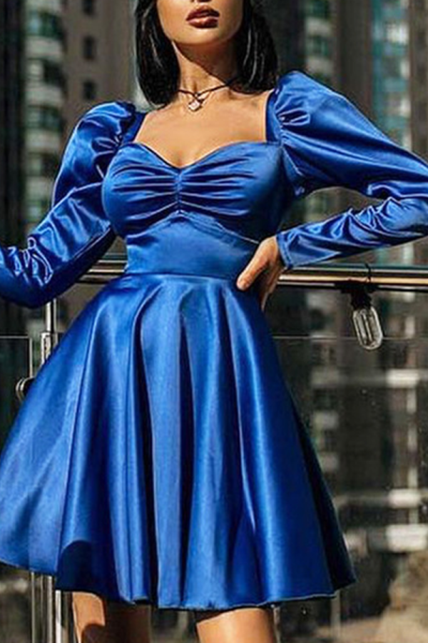 Blue Sexy Solid Patchwork Square Collar Cake Skirt Dresses