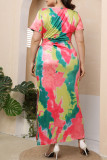 Pink Green Casual Print Hollowed Out Split Joint Slit O Neck Straight Plus Size Dresses