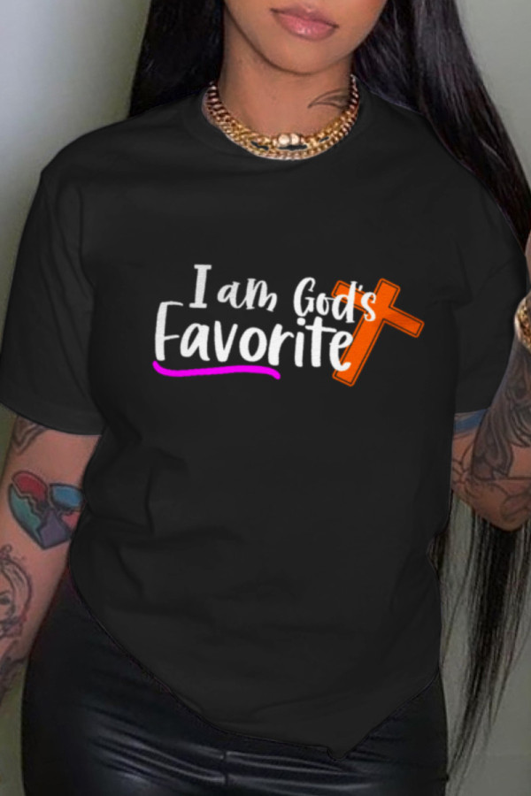 Black Fashion Street Print Patchwork O Neck T-Shirts