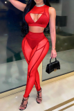 Red Casual Solid Mesh Skinny High Waist Pencil Solid Color Bottoms