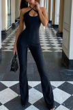 Blue Sexy Solid Patchwork Halter Loose Jumpsuits