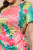 Pink Green Casual Print Hollowed Out Split Joint Slit O Neck Straight Plus Size Dresses