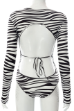 Black White Sexy Animal Print Patchwork O Neck Skinny Jumpsuits