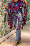 Purple Fashion Casual National Totem Print Tassel O Neck T-Shirts