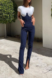 Blue Casual Solid Patchwork Boot Cut High Waist Speaker Full Print Bottoms