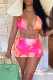 Rose Red Sexy Print Tie Dye Patchwork Frenulum Backless Halter Sleeveless Two Pieces