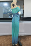 Green Sexy Gradual Change Print Hollowed Out Patchwork Slit Strapless Sleeveless Two Pieces