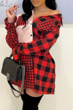 Red Casual Plaid Patchwork Cardigan Collar Tops