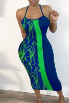 Green Fashion Sexy Print Backless Spaghetti Strap Sleeveless Dress